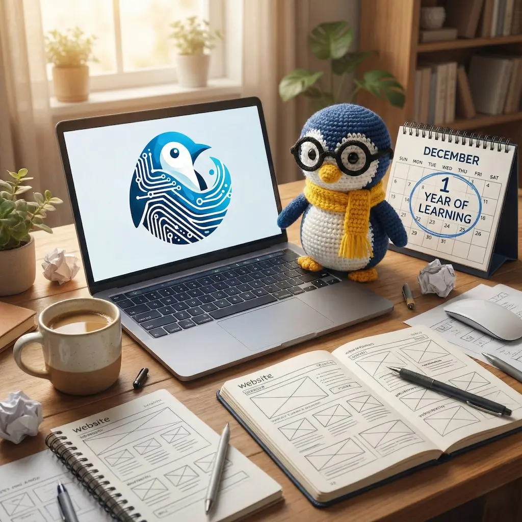 A messy desk with coffee, sketches, and code