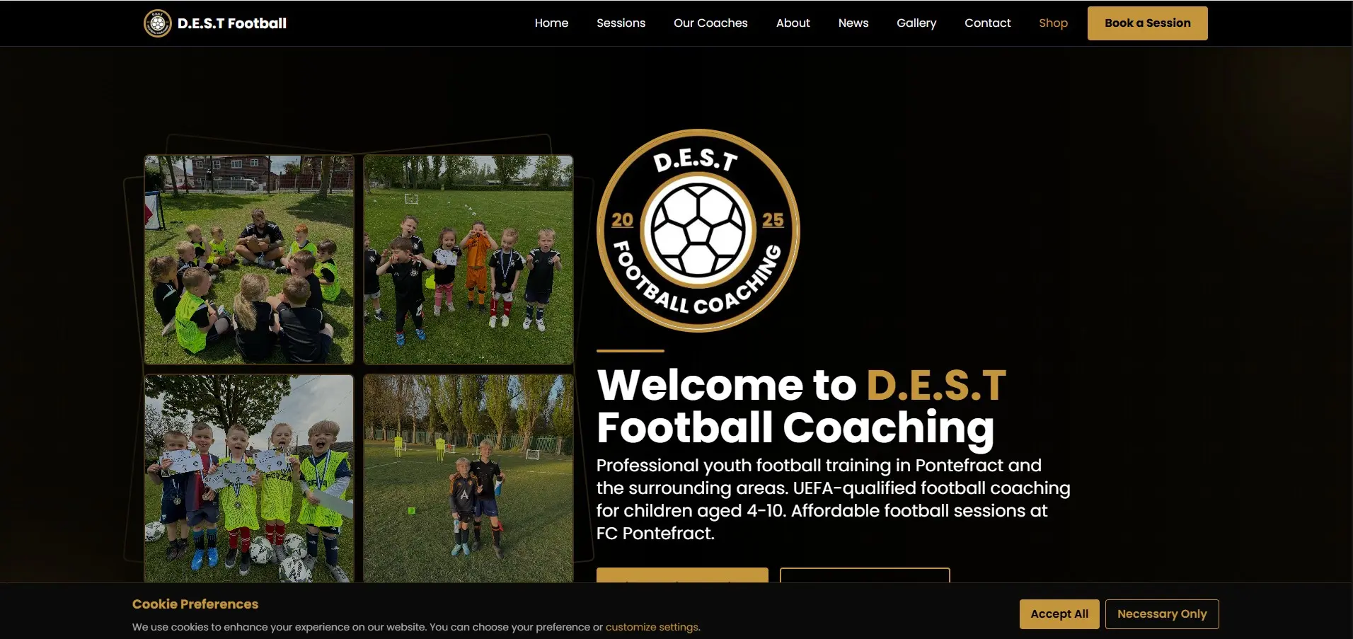 DEST Football Coaching website — desktop homepage