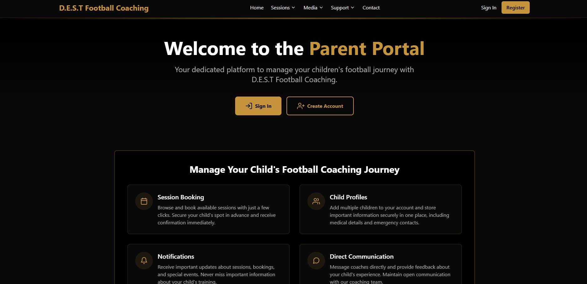 D.E.S.T Football Coaching Parent Portal Interface