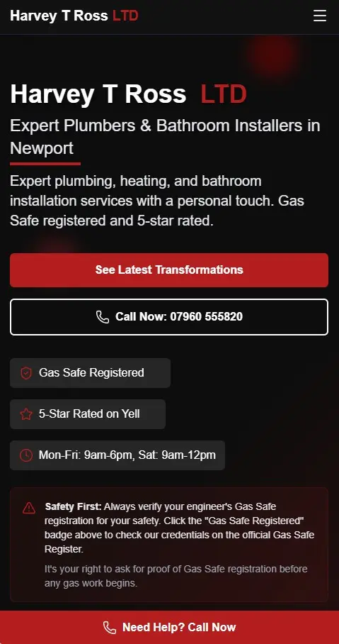 Harvey T Ross LTD plumbing website — mobile view