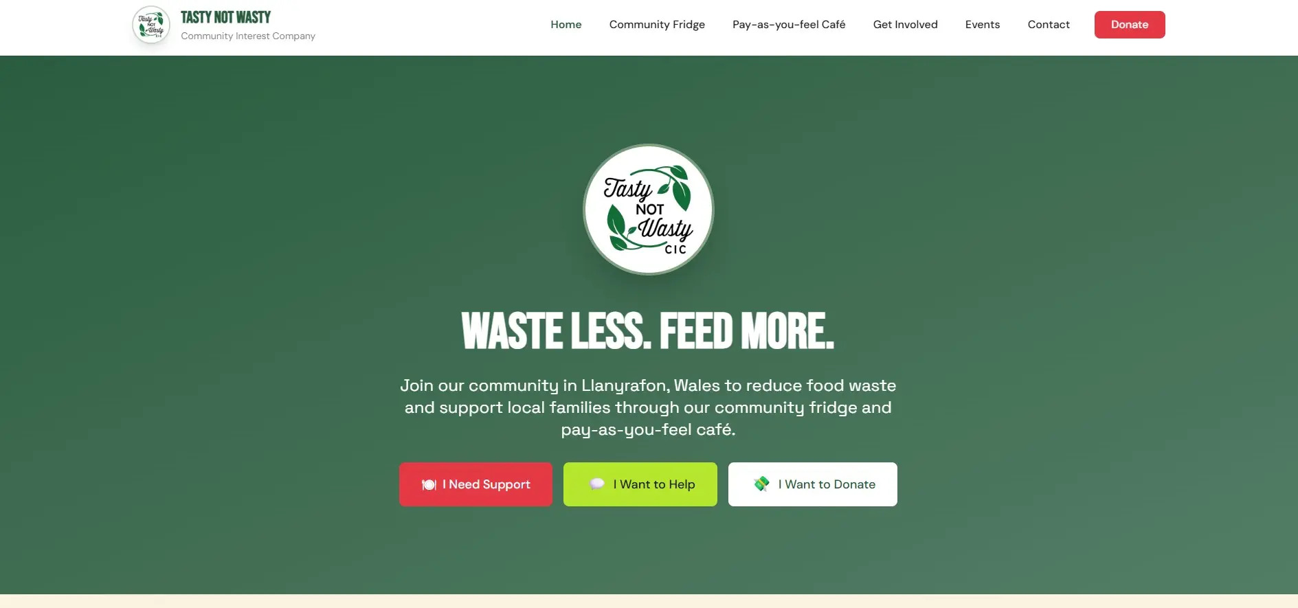 Tasty Not Wasty CIC community platform — desktop view