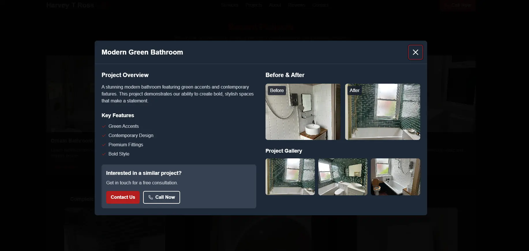 Harvey T Ross LTD desktop website view showing before and after gallery transformations