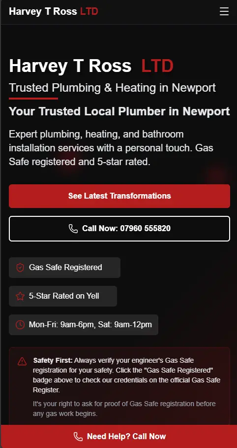 Harvey T Ross LTD mobile website view showing sticky CTA buttons and mobile-optimised layout