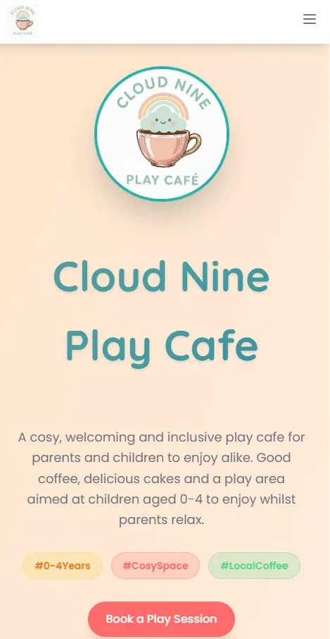 Cloud Nine Play Cafe website — mobile view