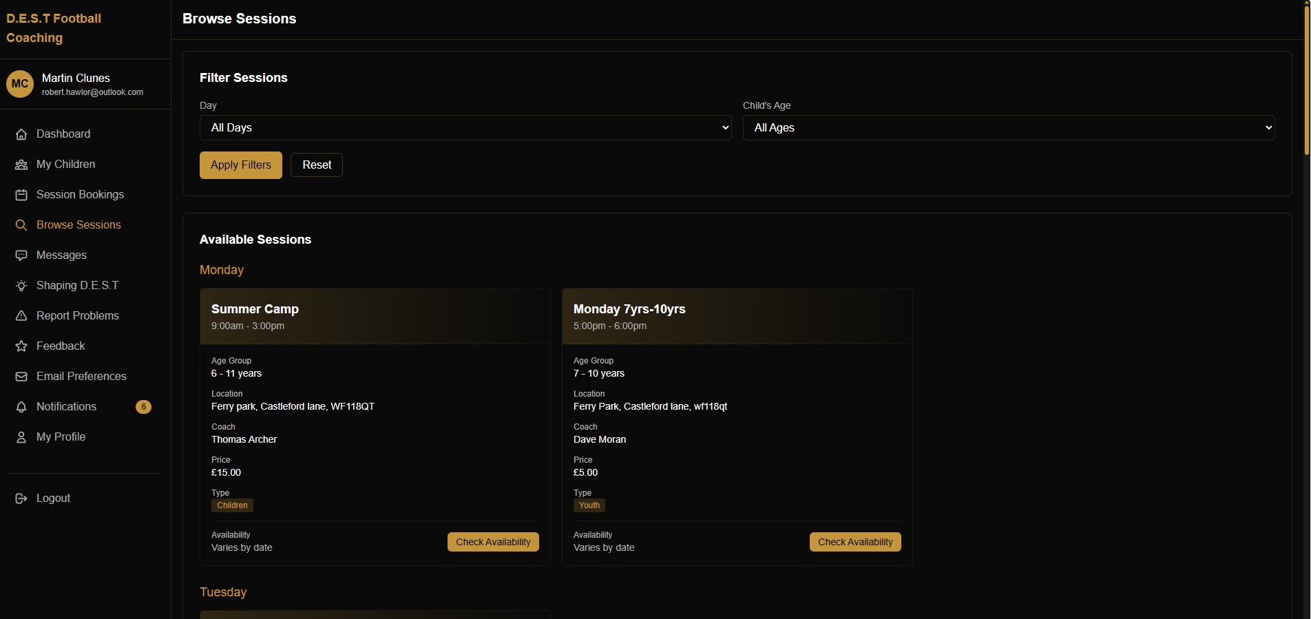 D.E.S.T parent portal — desktop view showing bookings and child profiles