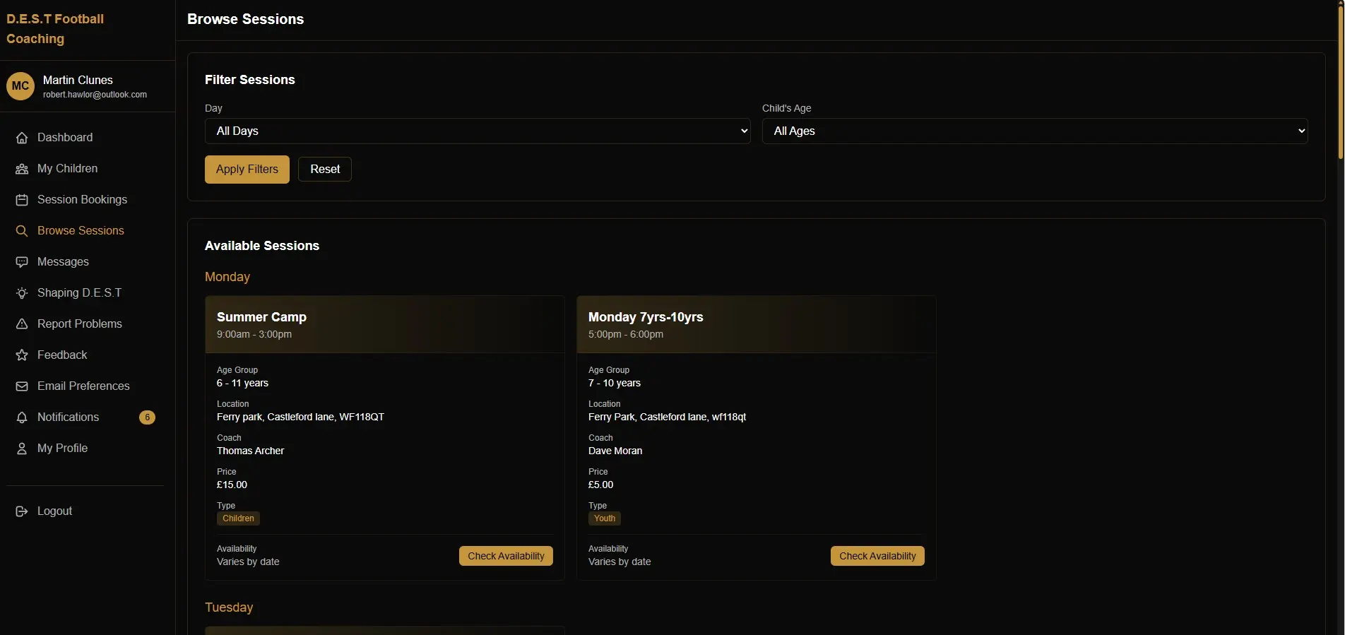 D.E.S.T parent portal — desktop view showing bookings and child profiles